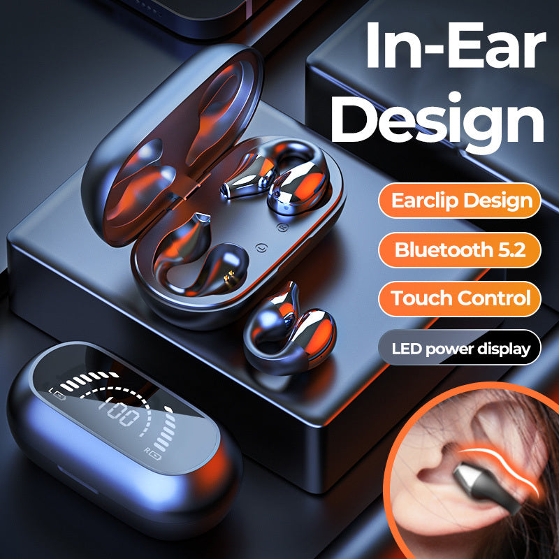 Clip-on earphones. Bluetooth-compatible 5.2 HIFI Wireless Earphone Touch Handsfree Sports Noise Cancelling Headset With Mic