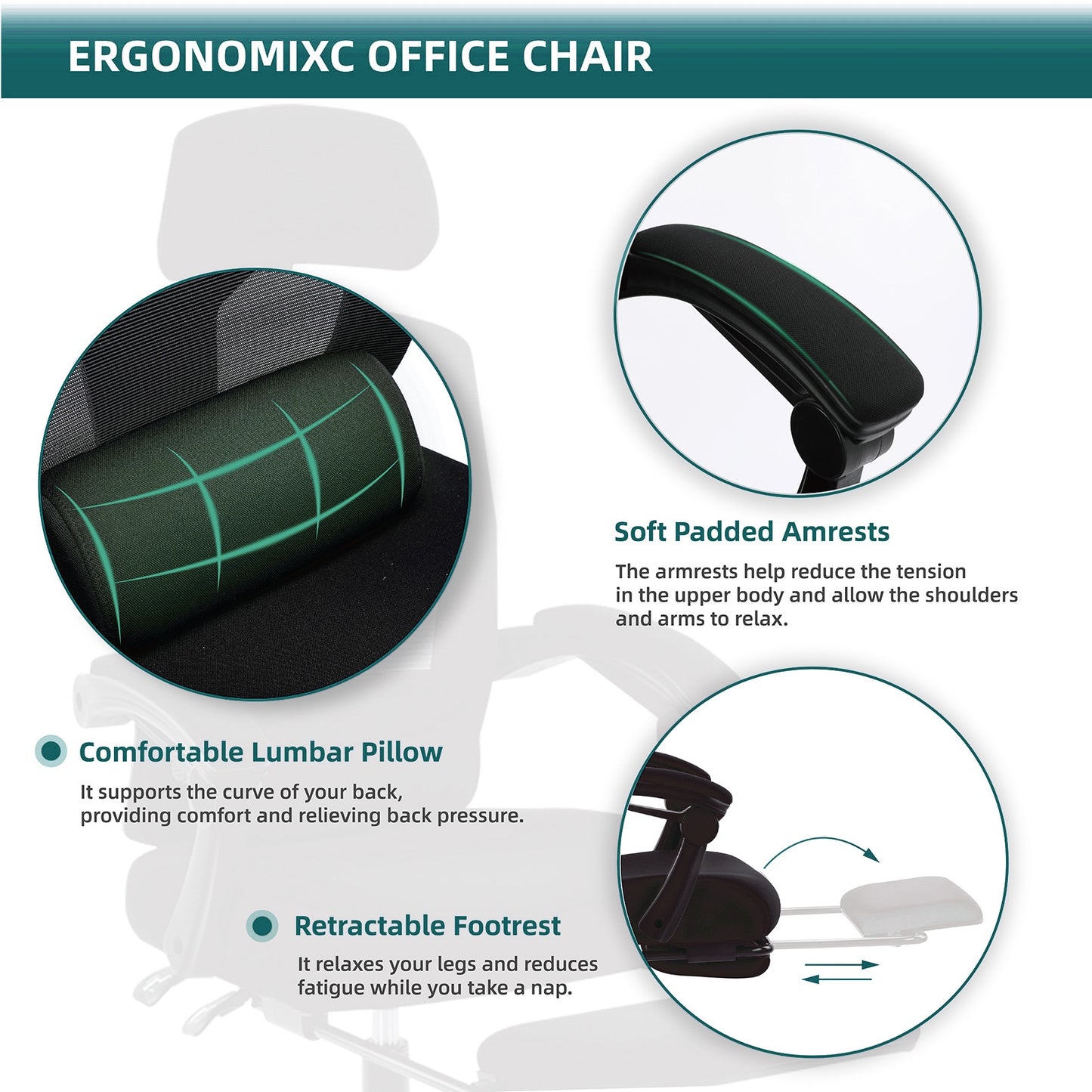 Office Chair Retractable Footrest Ergonomic Swivel Office Chair With Lumbar Support Pillow And Padded Armrests