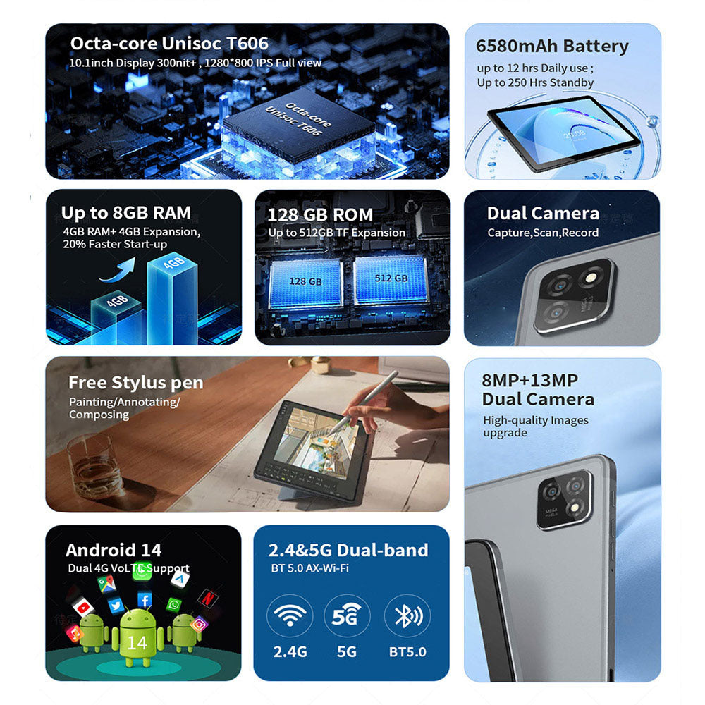 G-tab T11 Android 14 Tablet 10.1 Inch 1280&800 IPS Screen Unisoc T606 8 Core Max 1.6GHz 8GB RAM 4GB&4GB WiFi Bluet