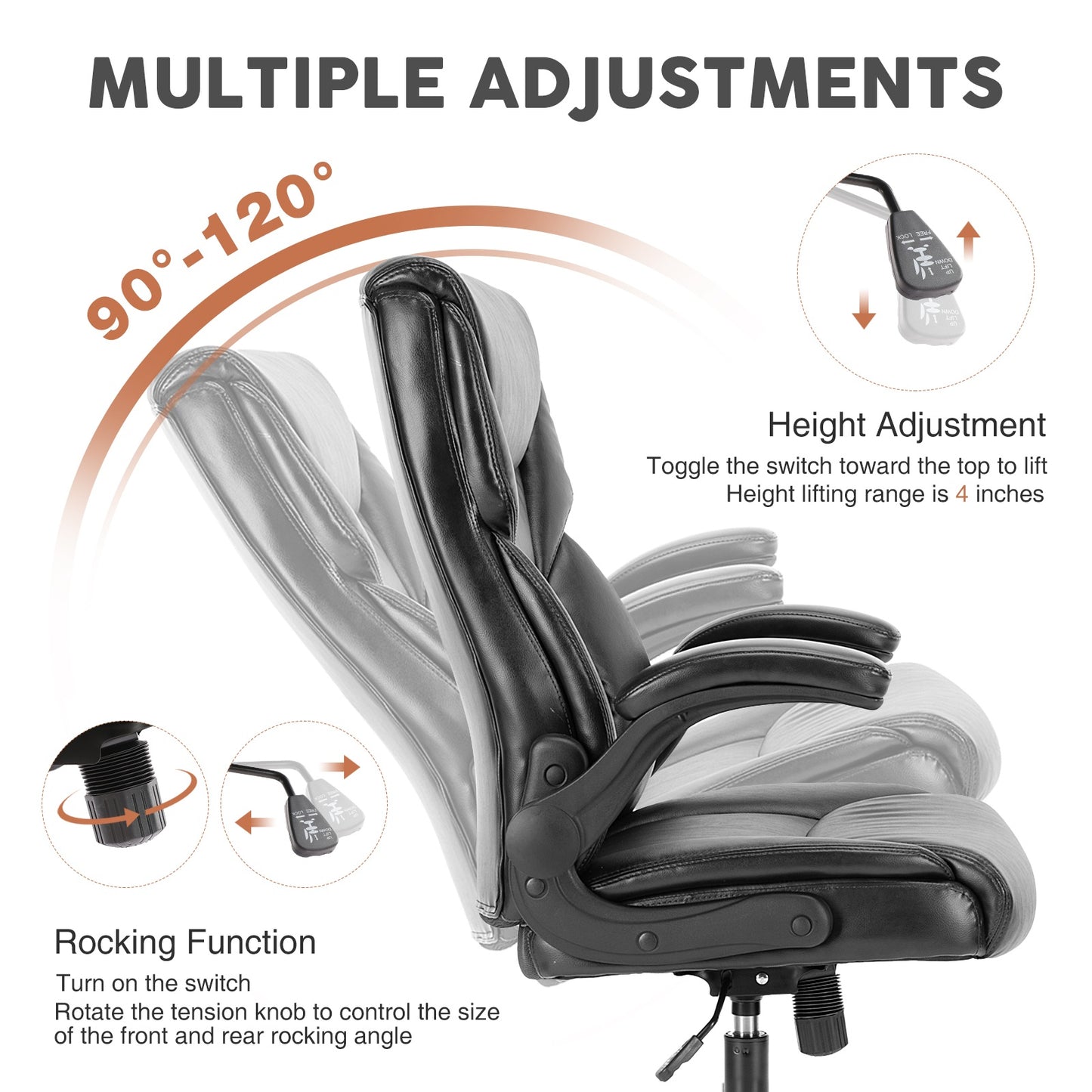 Office Chair PU Leather Office Chair With Adjustable Flip-up Armrest,Lumbar Support, Strong Metal Base