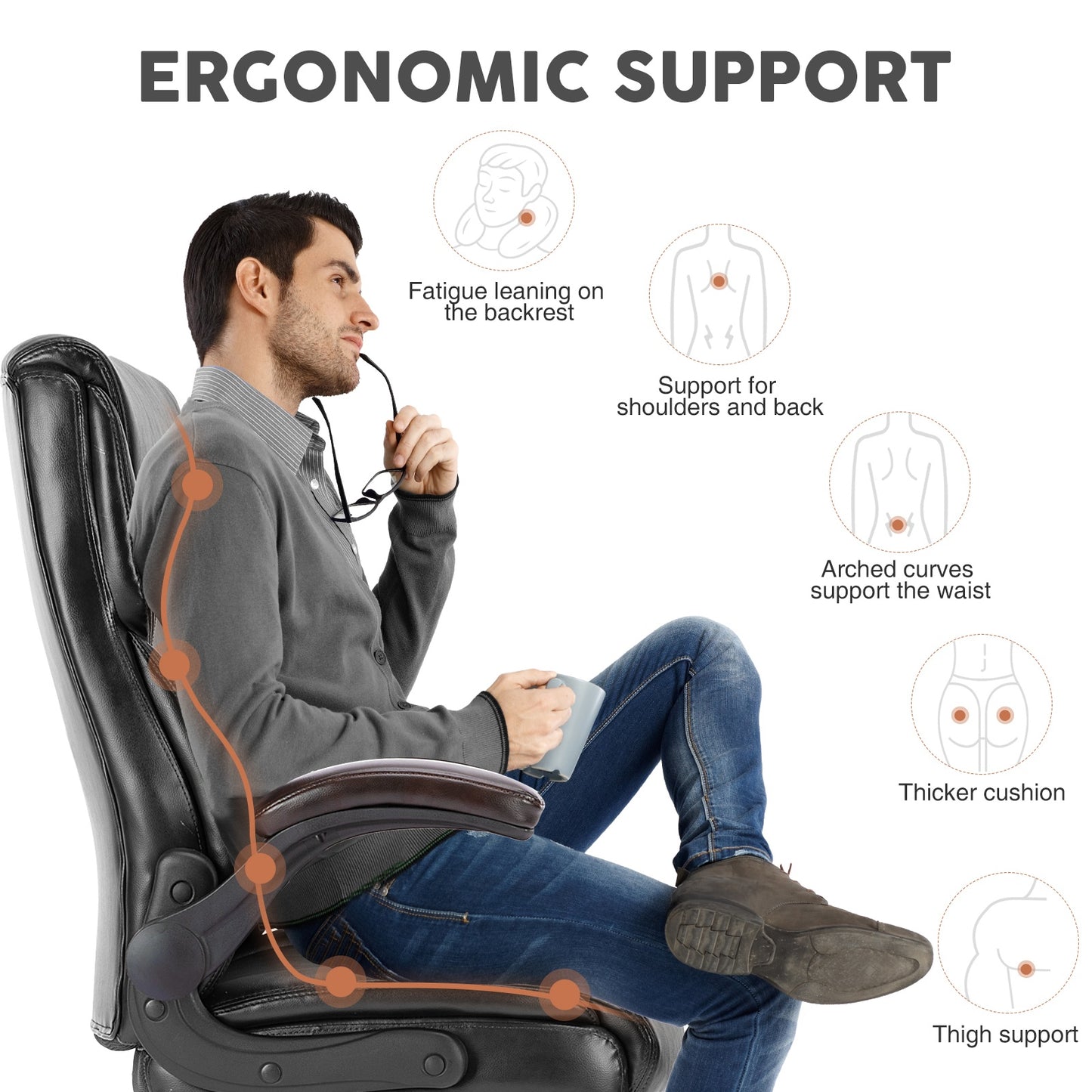 Office Chair PU Leather Office Chair With Adjustable Flip-up Armrest,Lumbar Support, Strong Metal Base