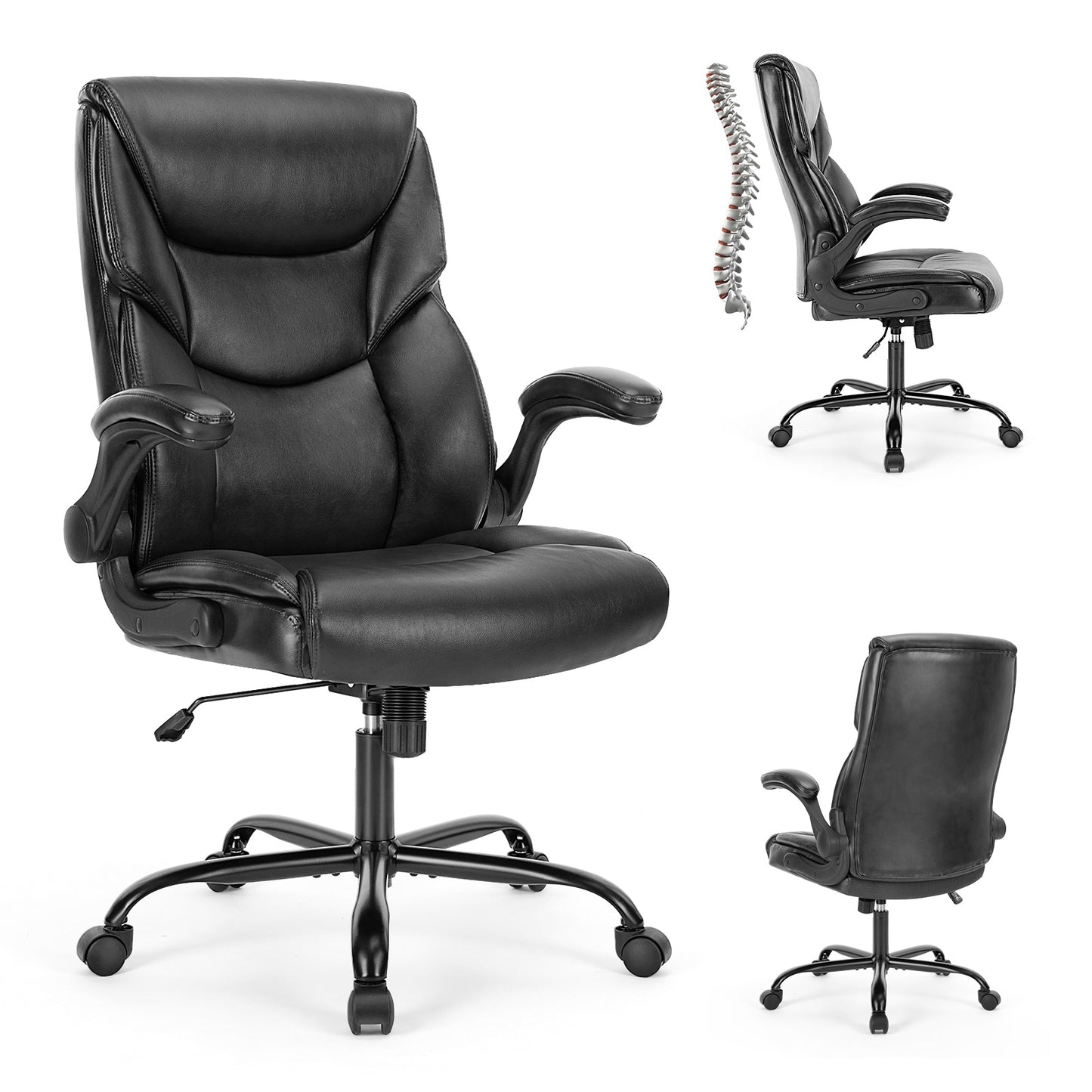 Office Chair PU Leather Office Chair With Adjustable Flip-up Armrest,Lumbar Support, Strong Metal Base