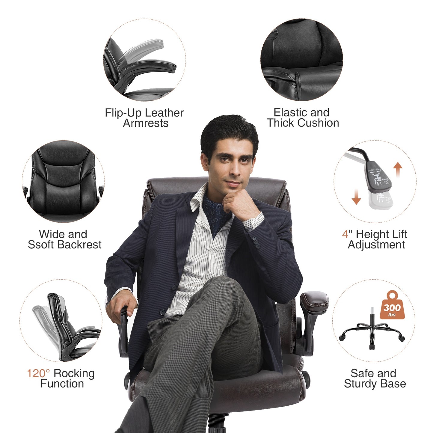 Office Chair PU Leather Office Chair With Adjustable Flip-up Armrest,Lumbar Support, Strong Metal Base
