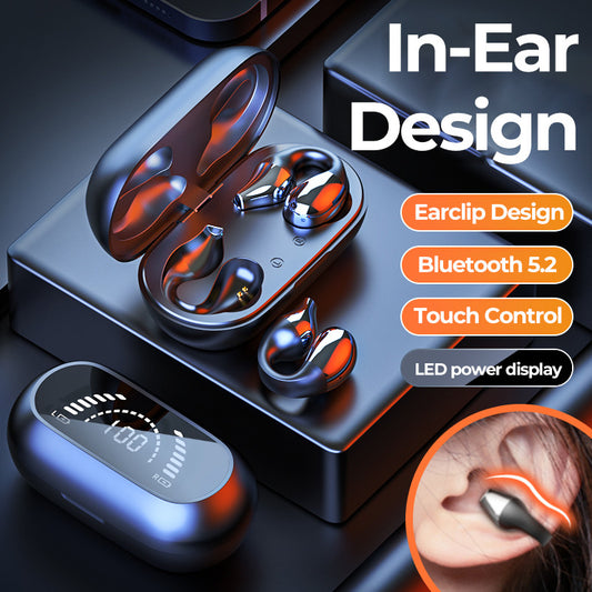 Clip-on earphones. Bluetooth-compatible 5.2 HIFI Wireless Earphone Touch Handsfree Sports Noise Cancelling Headset With Mic