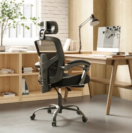 Office Chair Retractable Footrest Ergonomic Swivel Office Chair With Lumbar Support Pillow And Padded Armrests