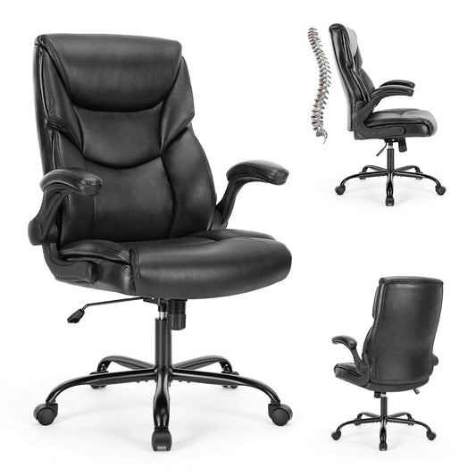 Office Chair PU Leather Office Chair With Adjustable Flip-up Armrest,Lumbar Support, Strong Metal Base